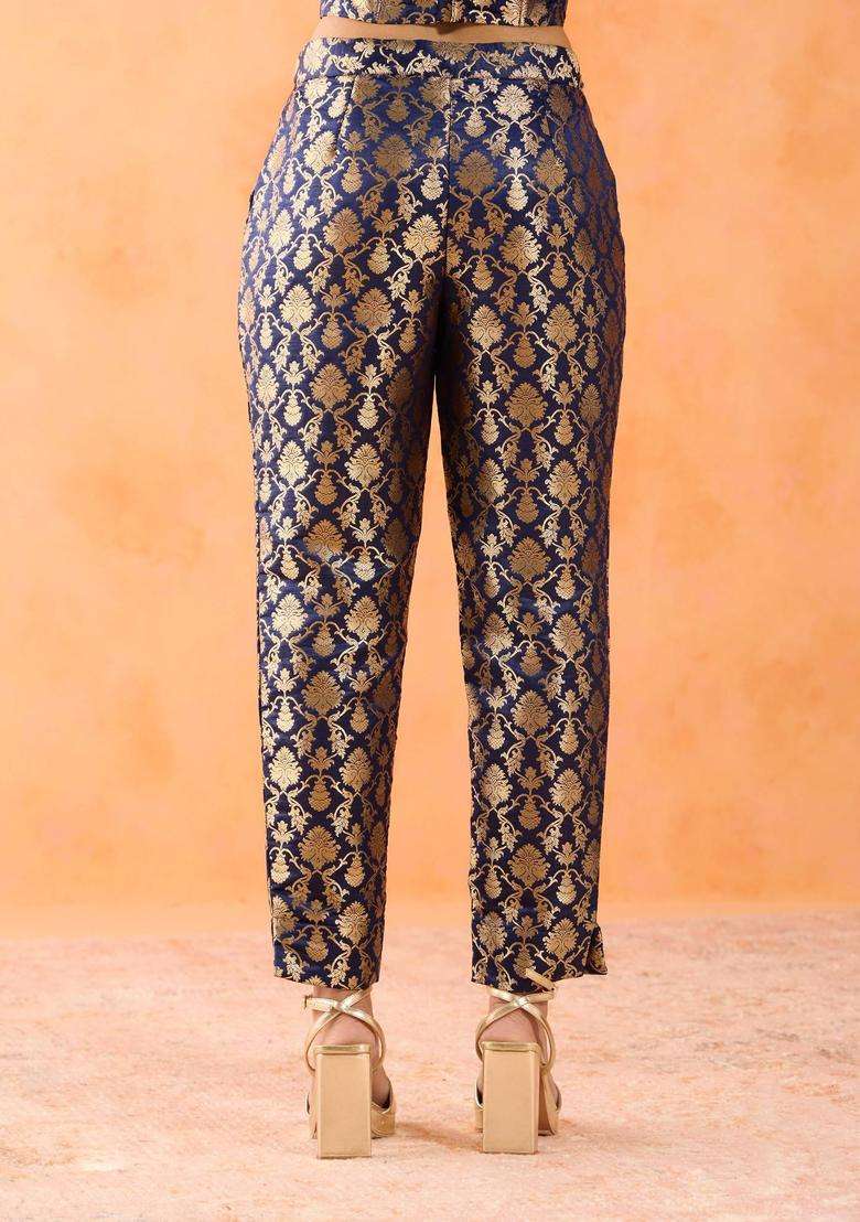 Zari Brocade Navy Blue Slim Fit Pant for Women Casual Wear - Indya