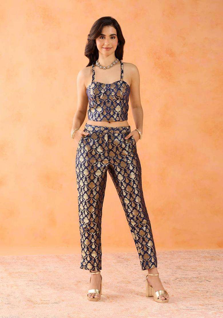 Zari Brocade Navy Blue Slim Fit Pant for Women Casual Wear - Indya