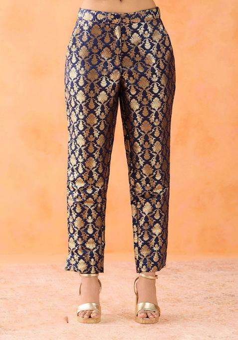Zari Brocade Navy Blue Slim Fit Pant for Women Casual Wear