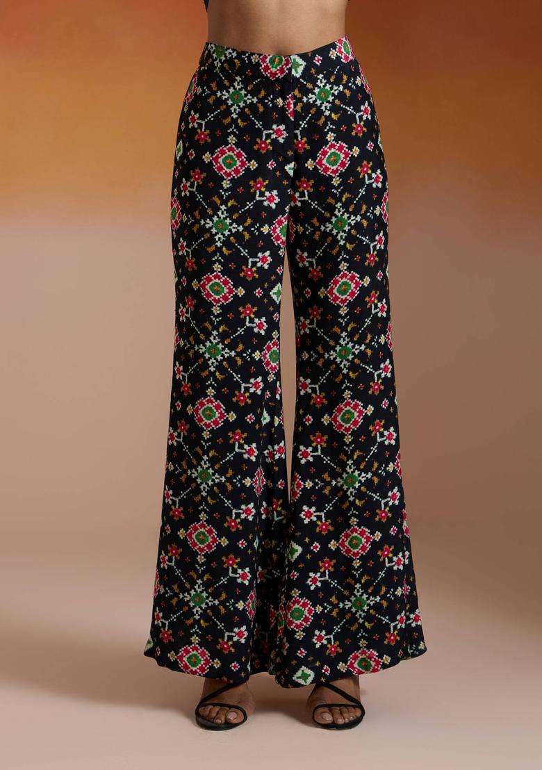 Black Modal Muslin Patola Printed Bell Bottom Pant for Women Party Wear - Indya