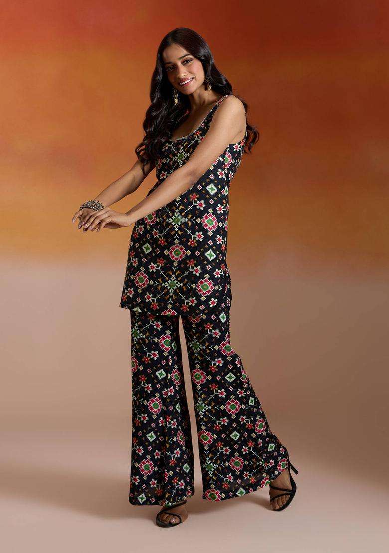 Black Modal Muslin Patola Printed Bell Bottom Pant for Women Party Wear - Indya