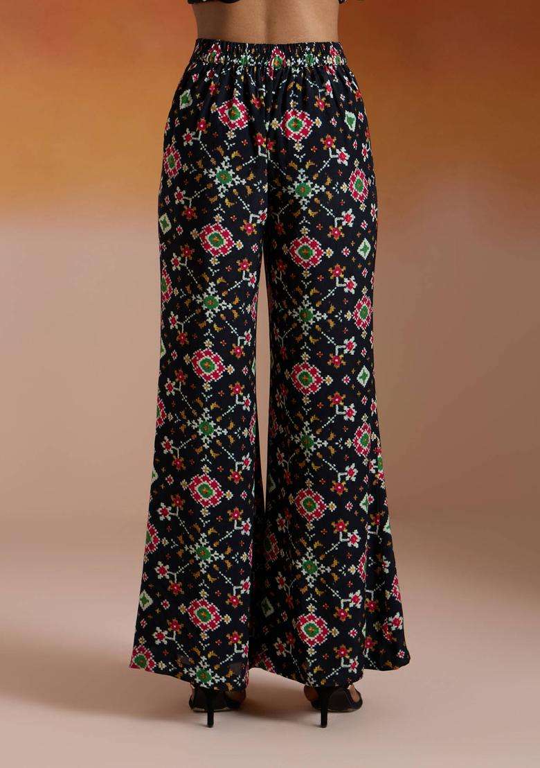 Black Modal Muslin Patola Printed Bell Bottom Pant for Women Party Wear - Indya