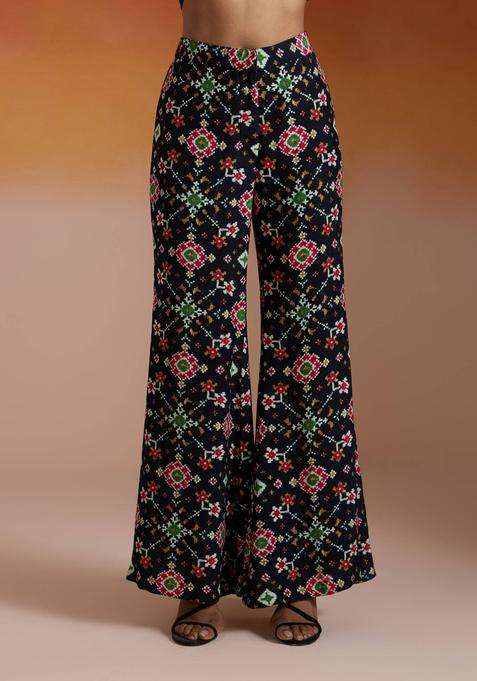 Black Modal Muslin Patola Printed Bell Bottom Pant for Women Party Wear