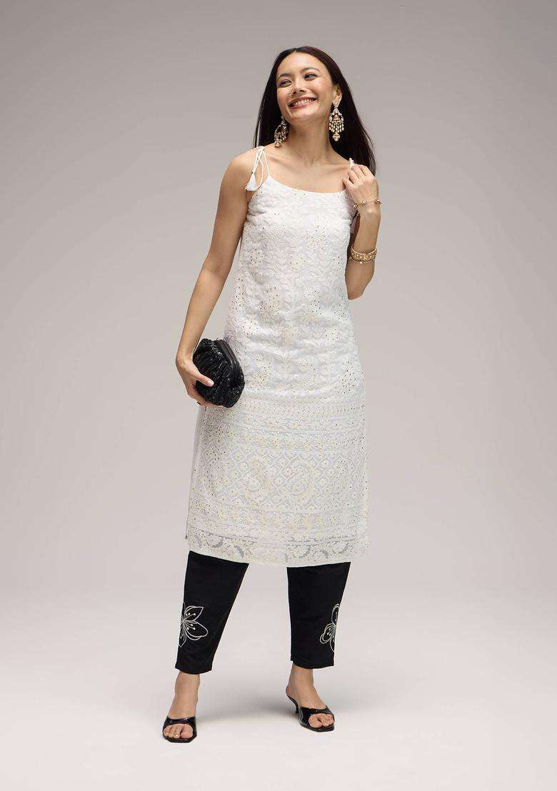 Black Rayon Embroidered Salwar for Women Fusion Wear - Indya