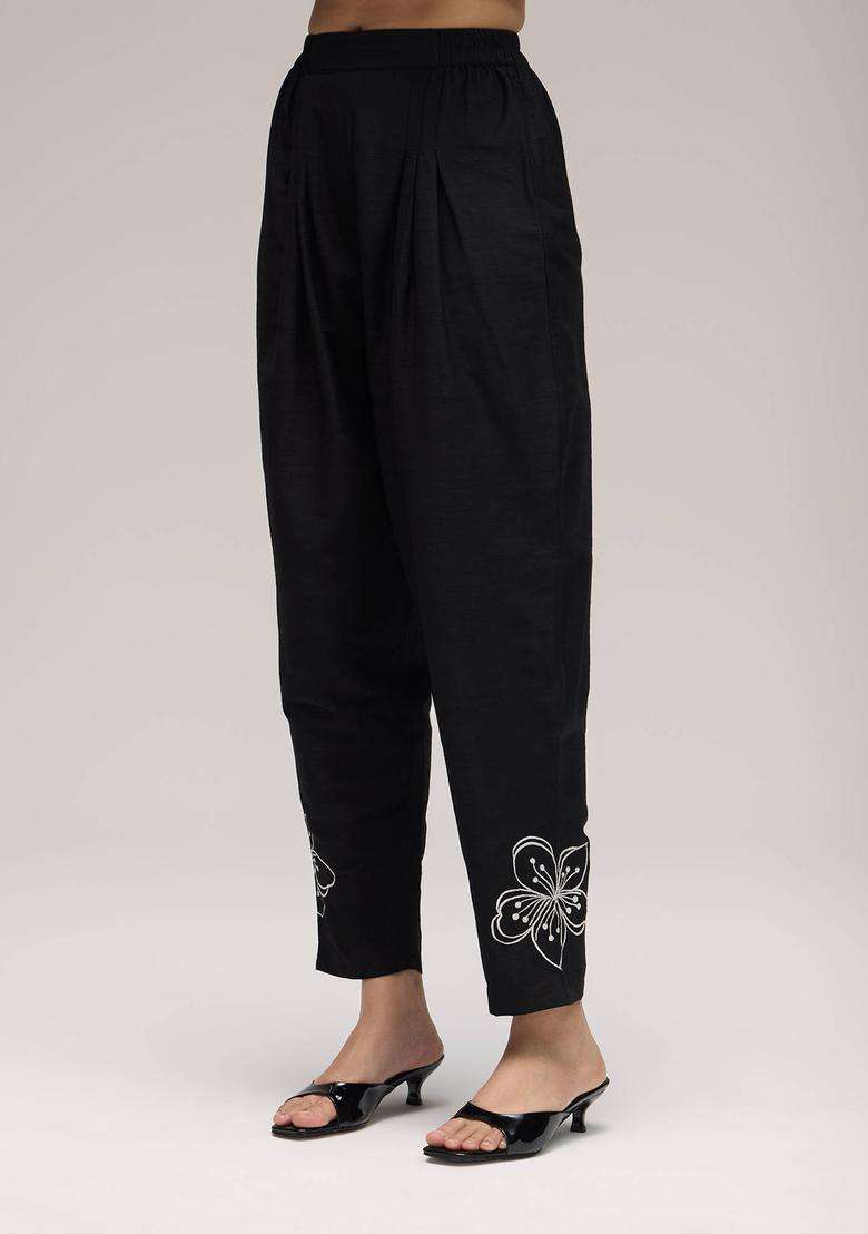 Black Rayon Embroidered Salwar for Women Fusion Wear - Indya