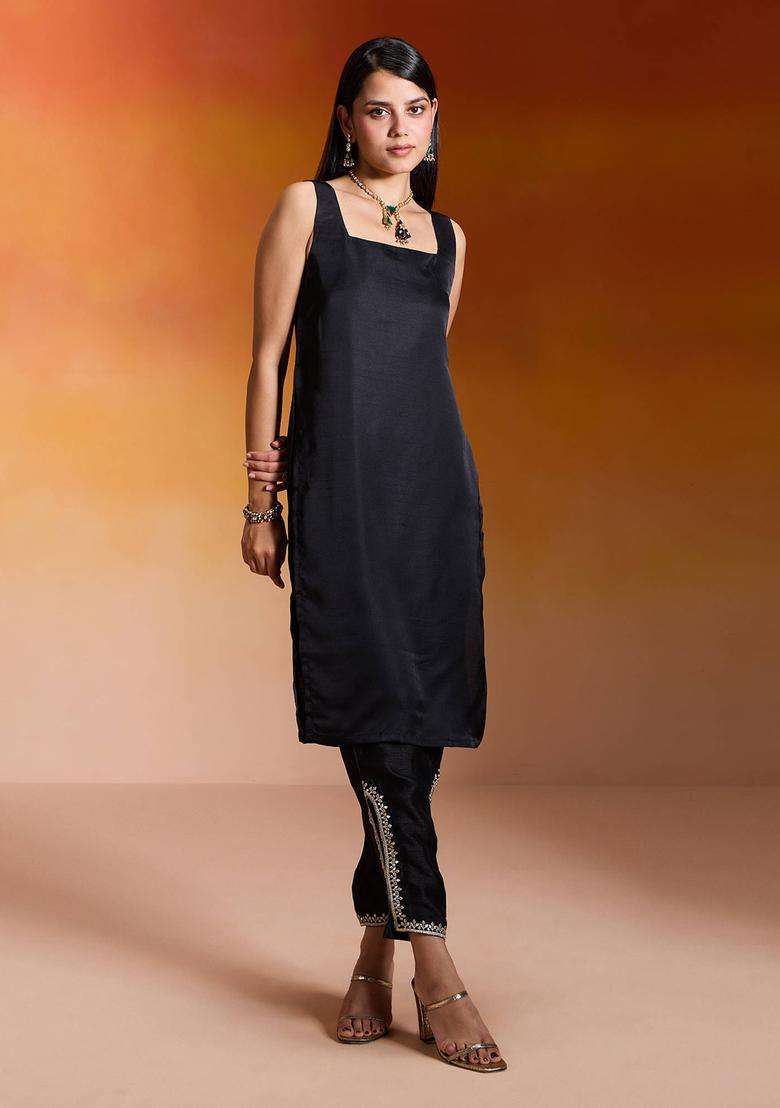 Black Textured Slub Embroidered Slit Pant for Women Festive Wear - Indya