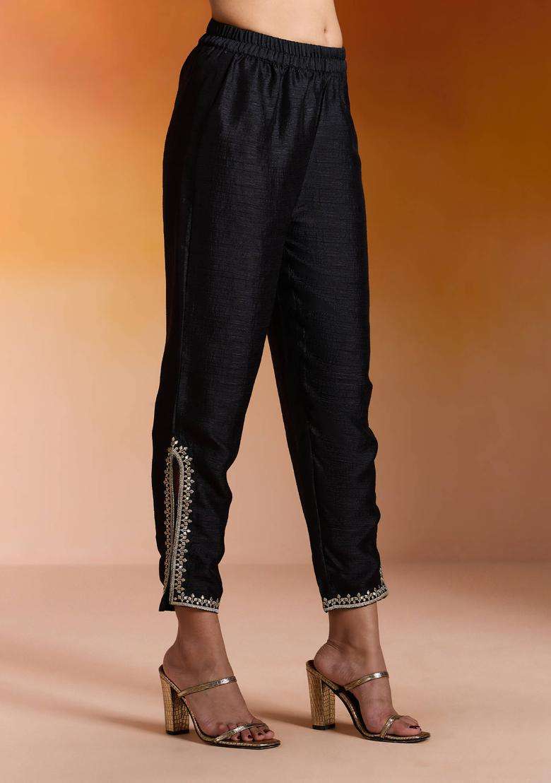 Black Textured Slub Embroidered Slit Pant for Women Festive Wear - Indya