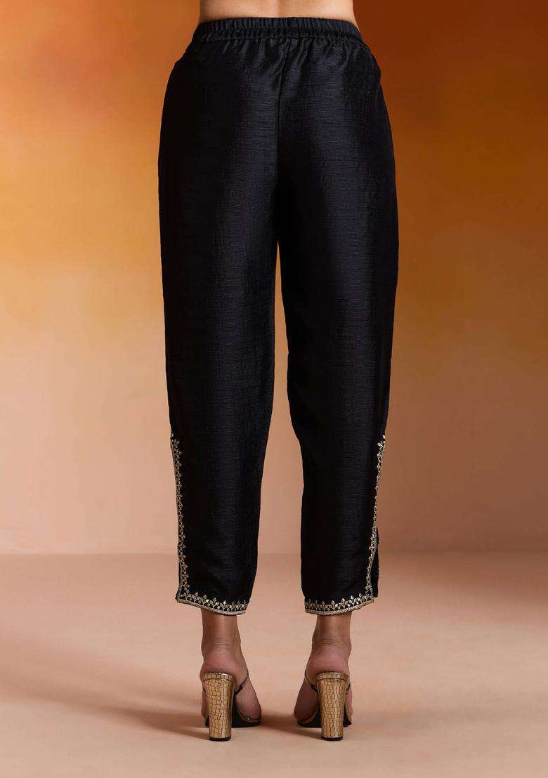 Black Textured Slub Embroidered Slit Pant for Women Festive Wear - Indya