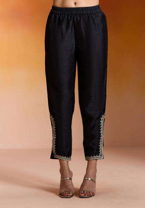 Black Textured Slub Embroidered Slit Pant for Women Festive Wear
