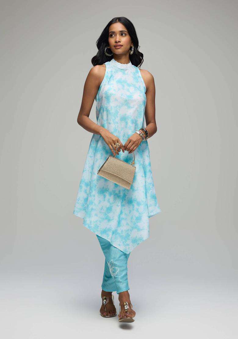 Blue Poly Silk Salwar with Floral Embroidery for Women Fusion Wear - Indya