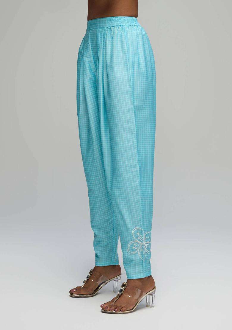 Blue Poly Silk Salwar with Floral Embroidery for Women Fusion Wear - Indya