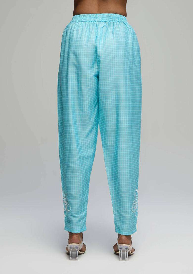 Blue Poly Silk Salwar with Floral Embroidery for Women Fusion Wear - Indya