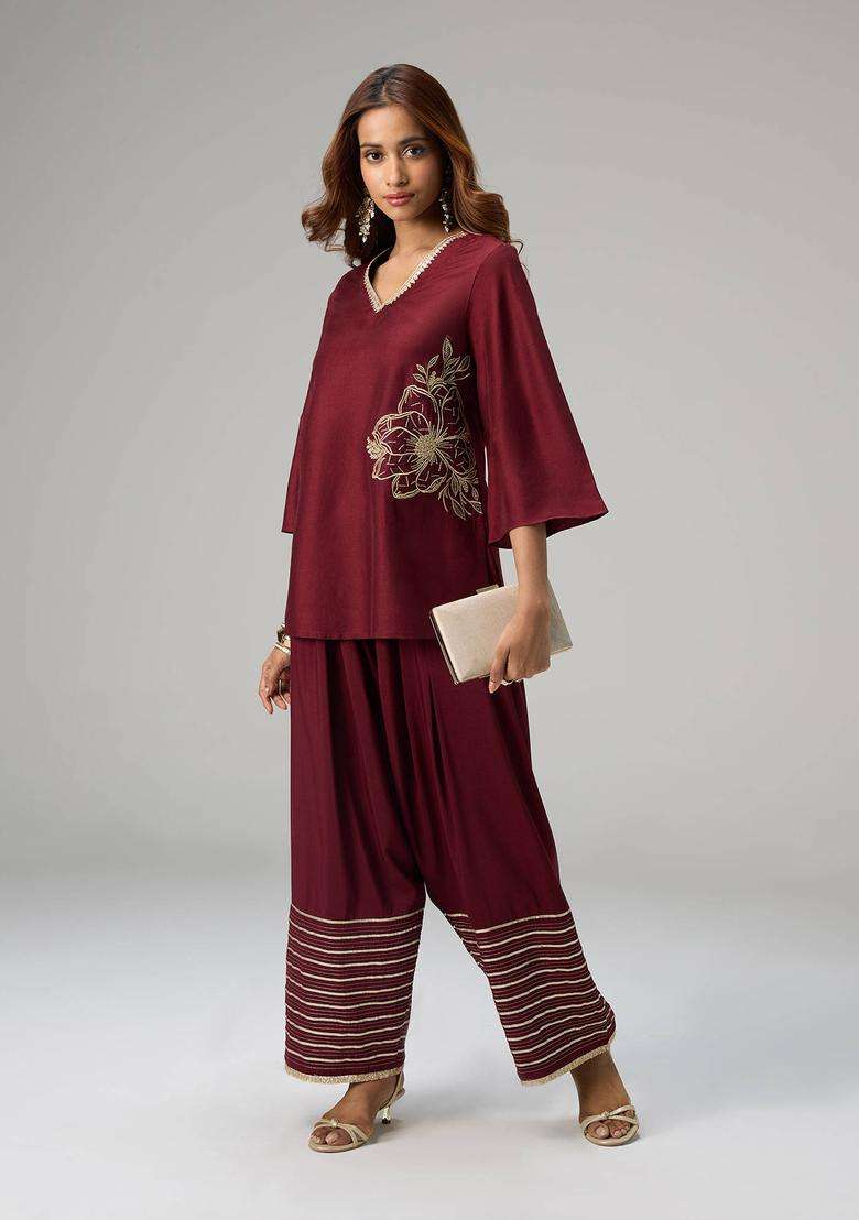 Brown Poly Silk Gota Embellished Farshi Salwar for Women Festive Wear - Indya