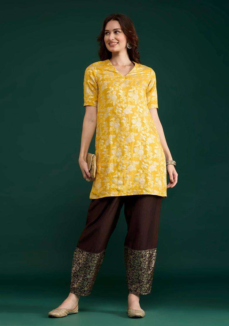 Brown Printed Semi Salwar for Women Festive Wear - Indya