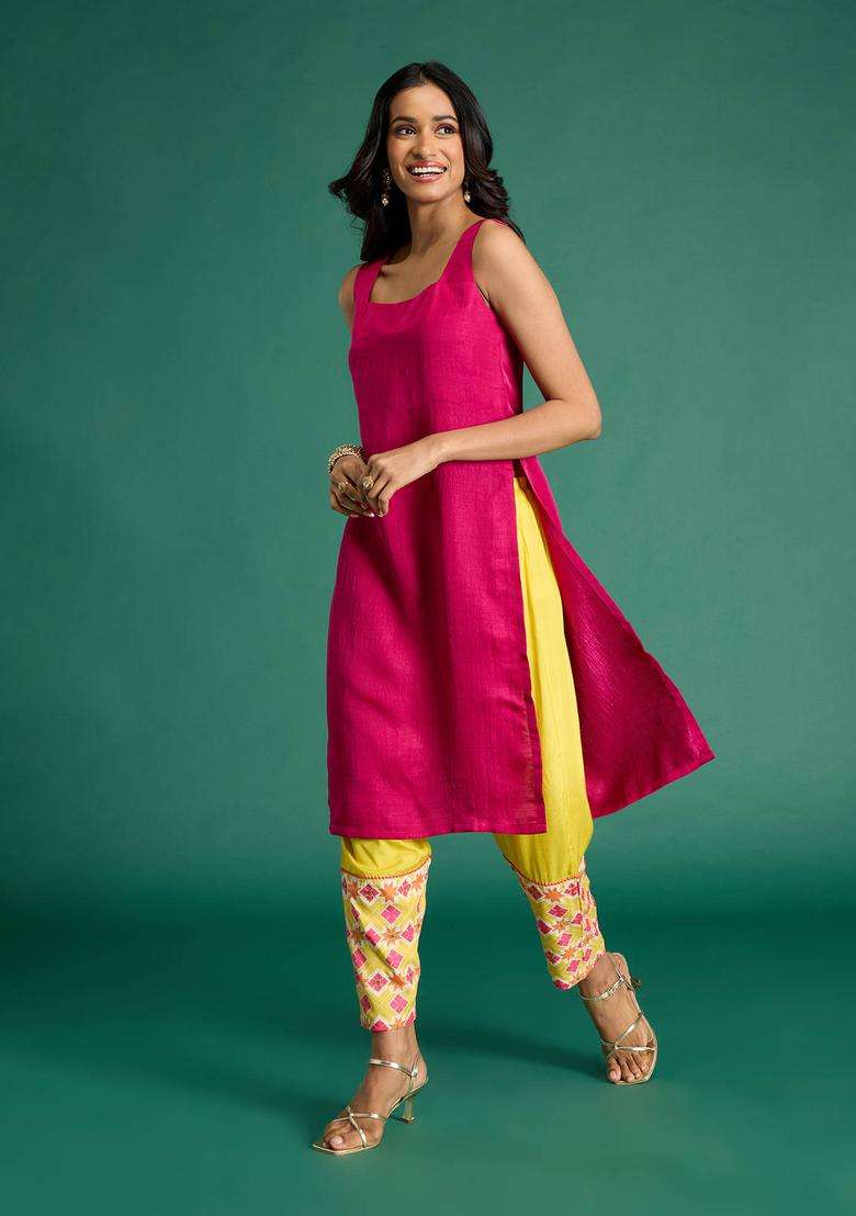 Yellow Printed Semi Salwar for Women Festive Wear - Indya