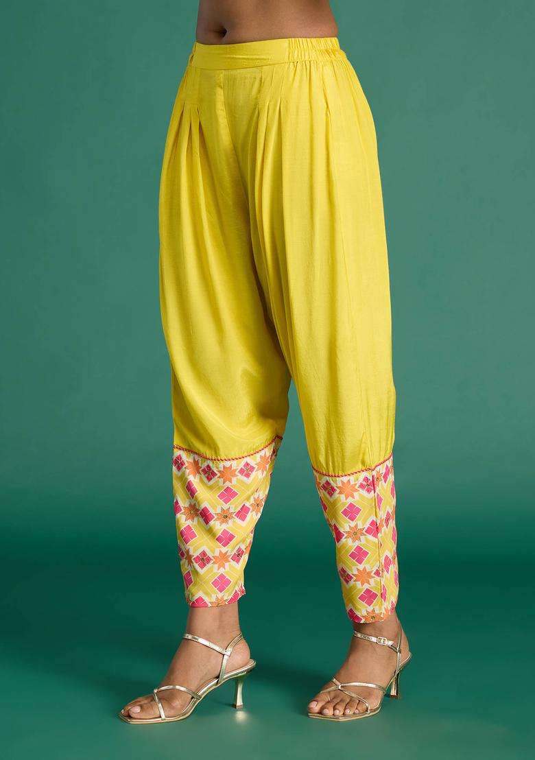 Yellow Printed Semi Salwar for Women Festive Wear - Indya