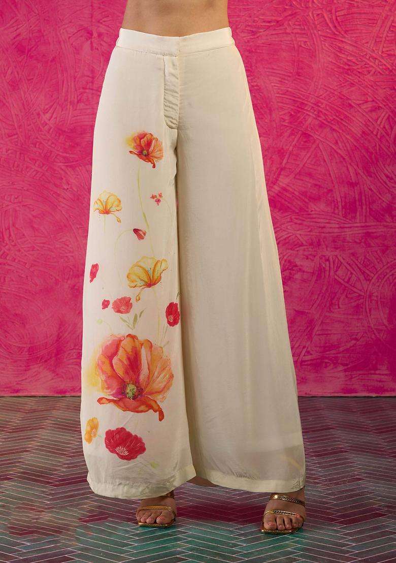 Off White Crepe Poppy Print Pants for Women Party Wear - Indya