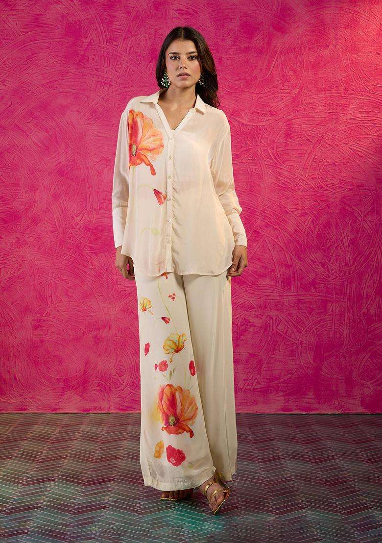 Off White Crepe Poppy Print Pants for Women Party Wear - Indya