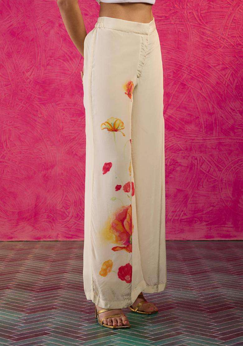Off White Crepe Poppy Print Pants for Women Party Wear - Indya