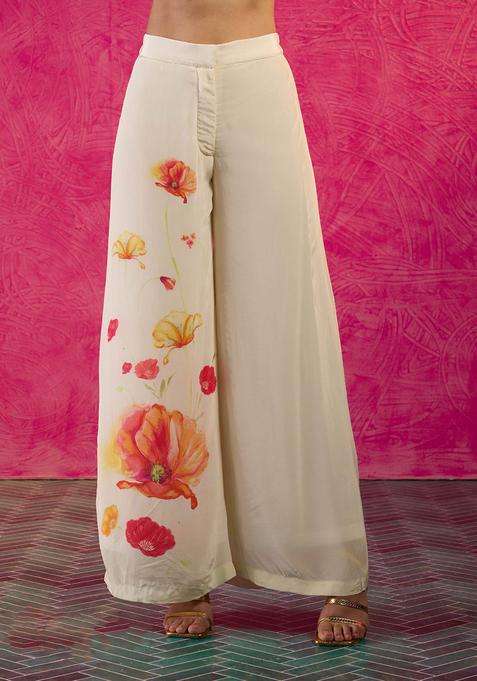 Off White Crepe Poppy Print Pants for Women Party Wear