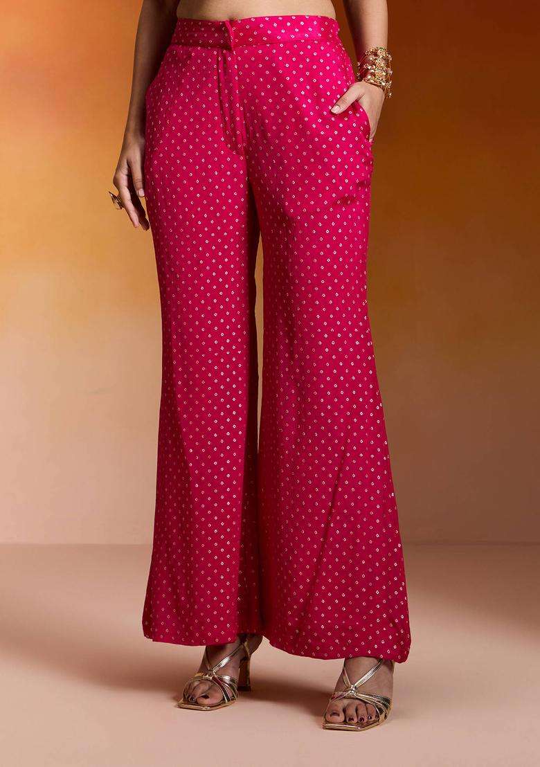 Fuchsia Pink Georgette Brocade Bell Bottom Pant for Women Festive Wear - Indya