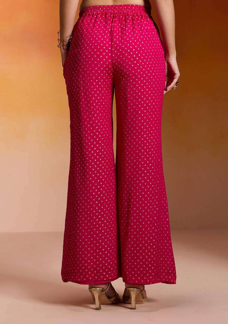 Fuchsia Pink Georgette Brocade Bell Bottom Pant for Women Festive Wear - Indya