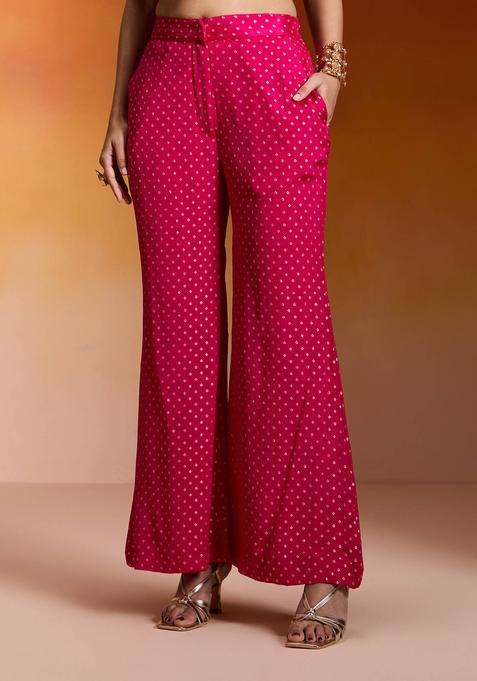 Fuchsia Pink Georgette Brocade Bell Bottom Pant for Women Festive Wear