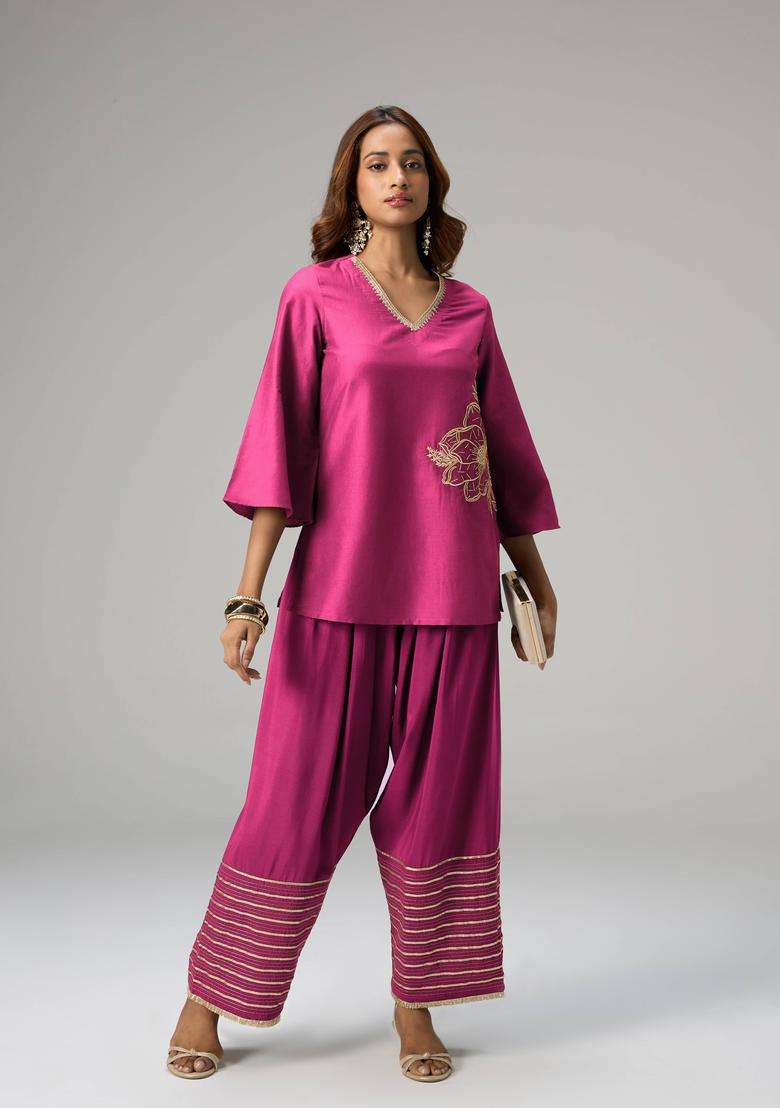 Fuchsia Pink Poly Silk Gota Embellished Farshi Salwar for Women Festive Wear - Indya