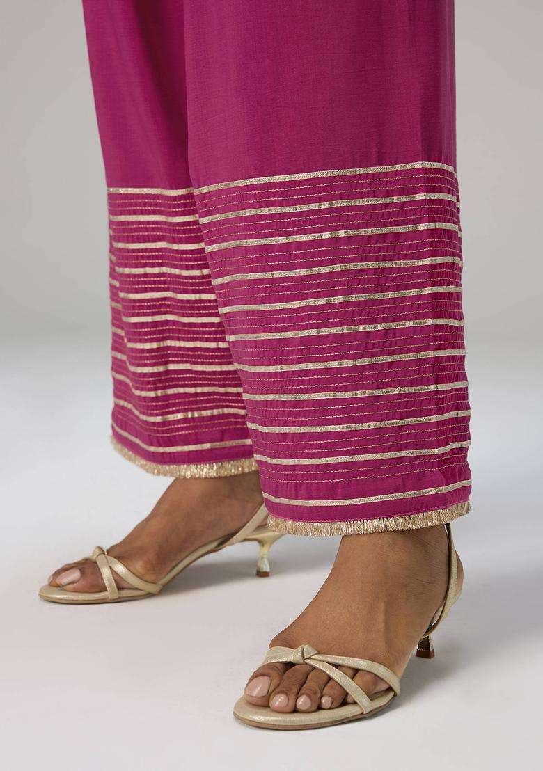Fuchsia Pink Poly Silk Gota Embellished Farshi Salwar for Women Festive Wear - Indya