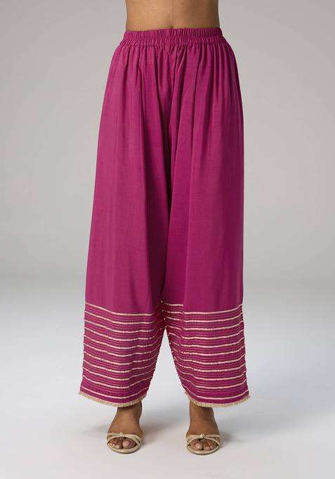 Fuchsia Pink Poly Silk Gota Embellished Farshi Salwar for Women Festive Wear