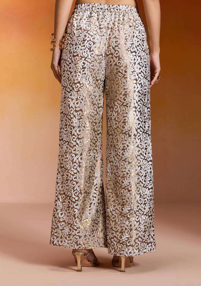 Gold Tissue Velour Straight Pant for Women Festive Wear - Indya