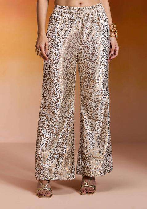 Gold Tissue Velour Straight Pant for Women Festive Wear