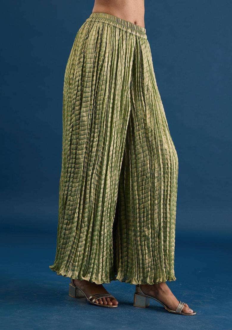 Green Crush Tissue Palazzo for Women Festive Wear - Indya