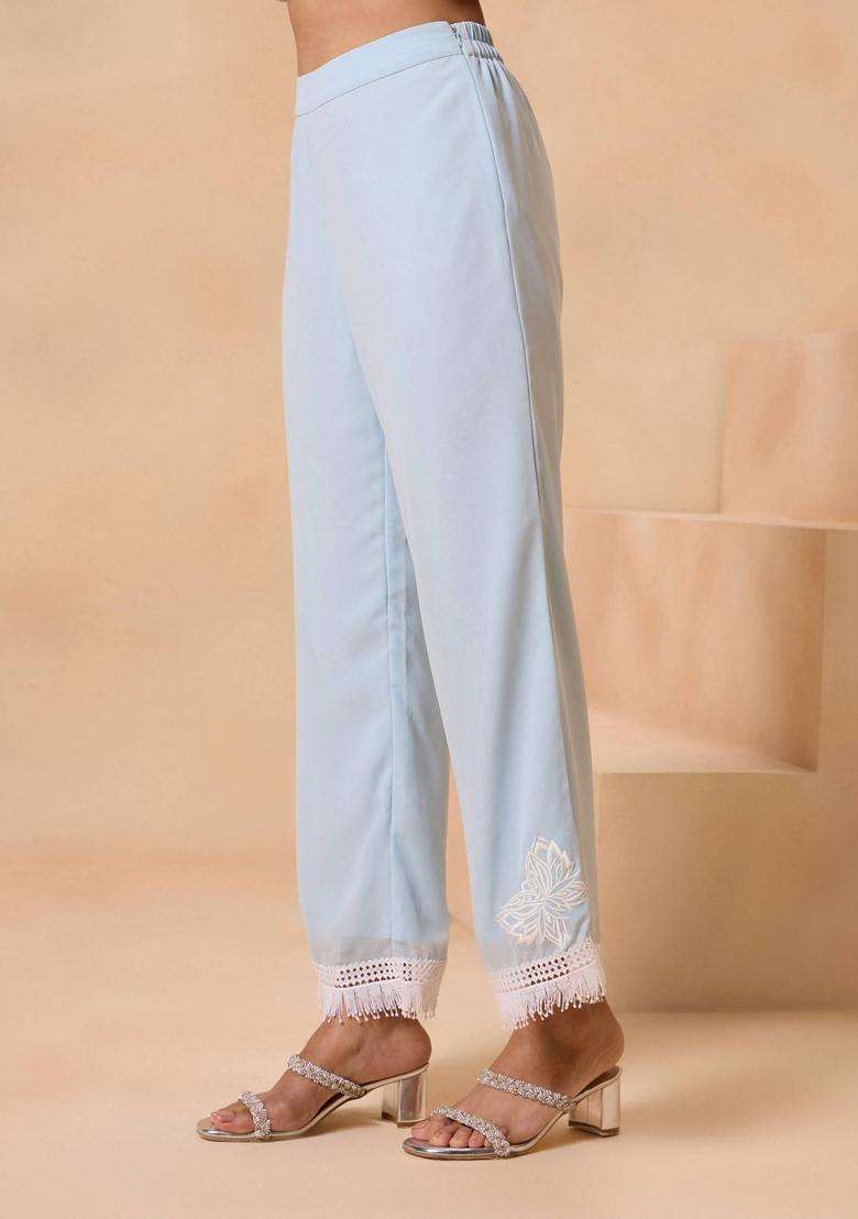 Lavender Blue White Butterfly Embroidered Fringed Hem Palazzo for Women Semi Formal Wear - Indya