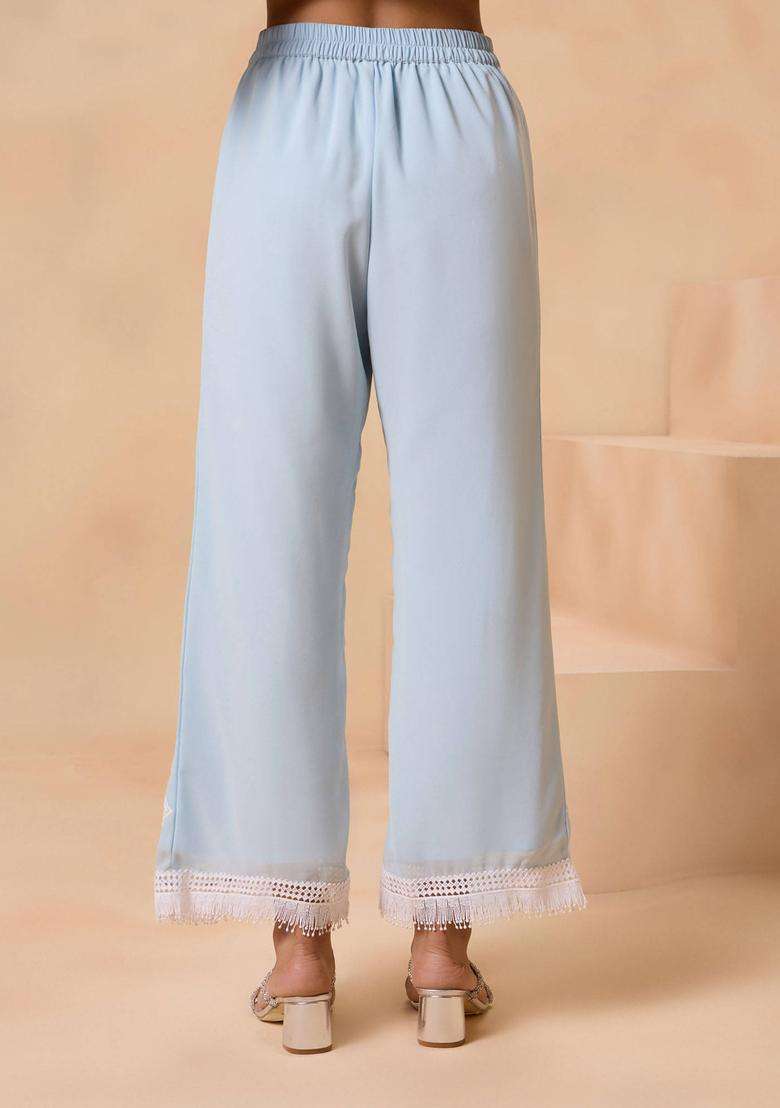 Lavender Blue White Butterfly Embroidered Fringed Hem Palazzo for Women Semi Formal Wear - Indya