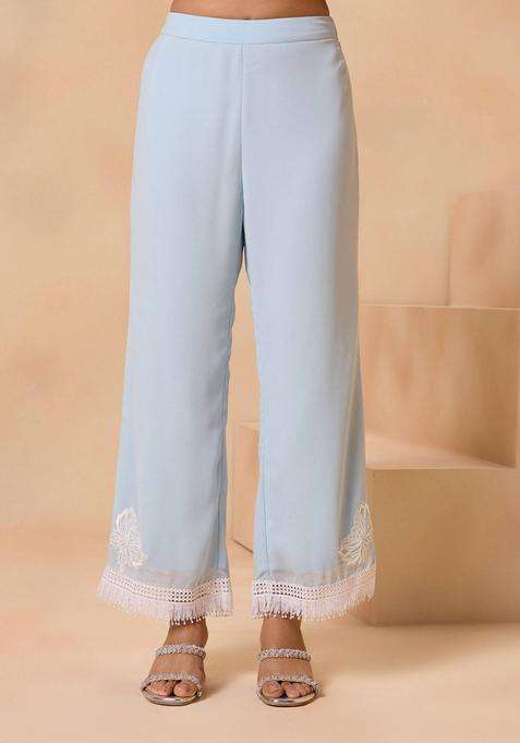Lavender Blue White Butterfly Embroidered Fringed Hem Palazzo for Women Semi Formal Wear