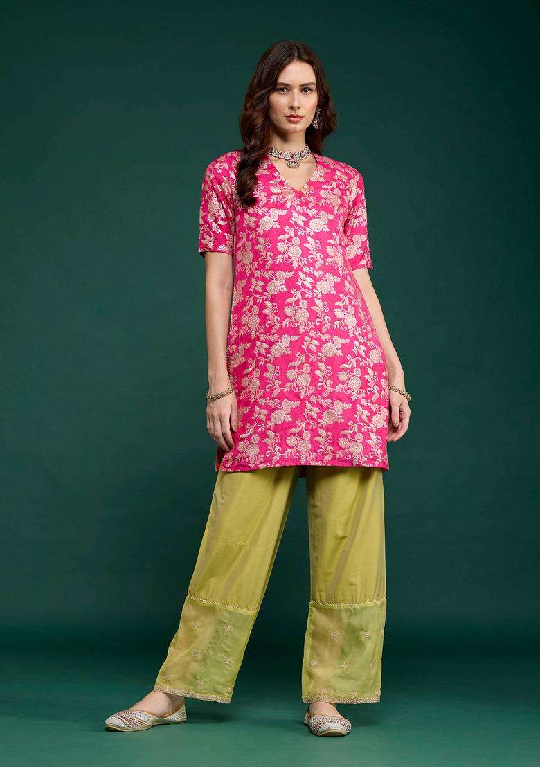 Lime Embroidered Straight Pant for Women Festive Wear - Indya