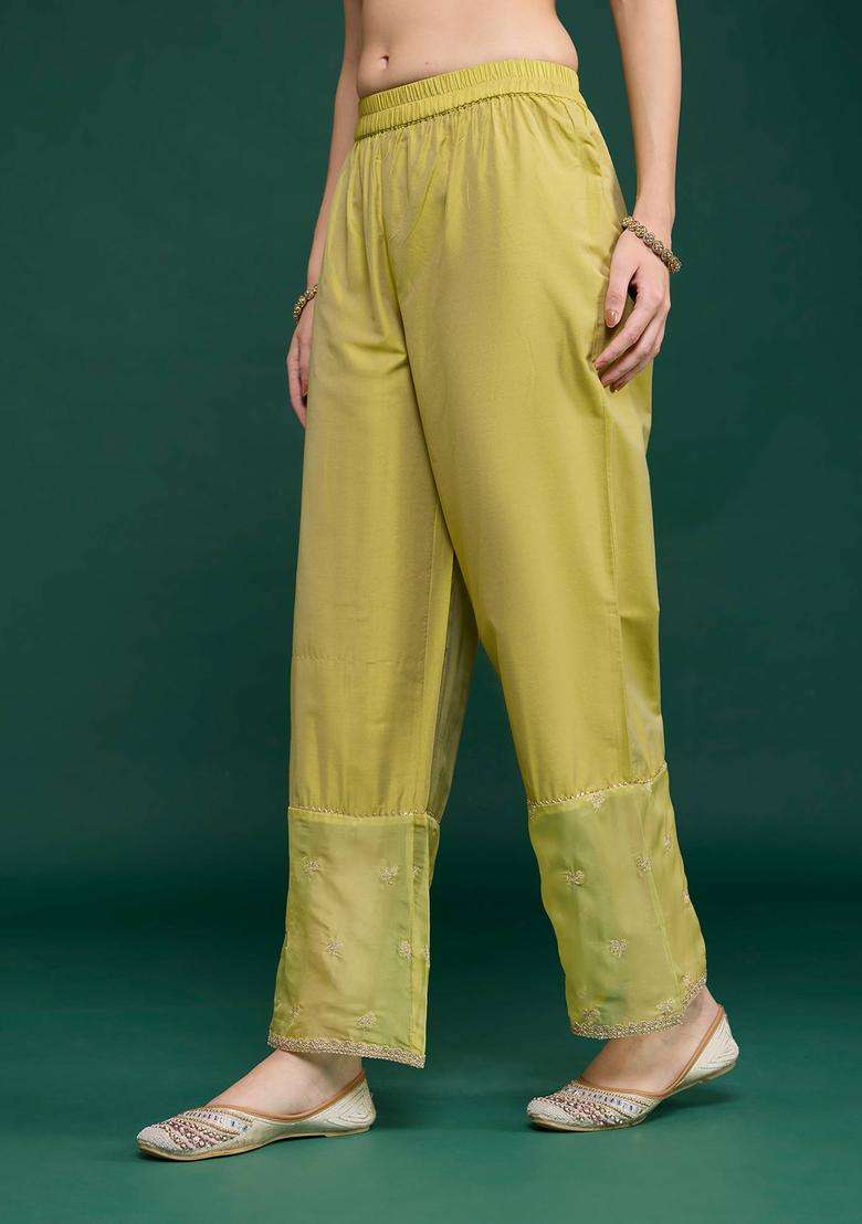 Lime Embroidered Straight Pant for Women Festive Wear - Indya