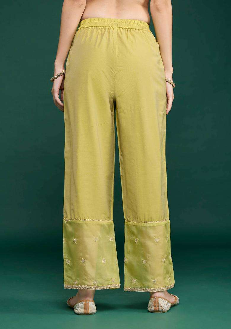 Lime Embroidered Straight Pant for Women Festive Wear - Indya