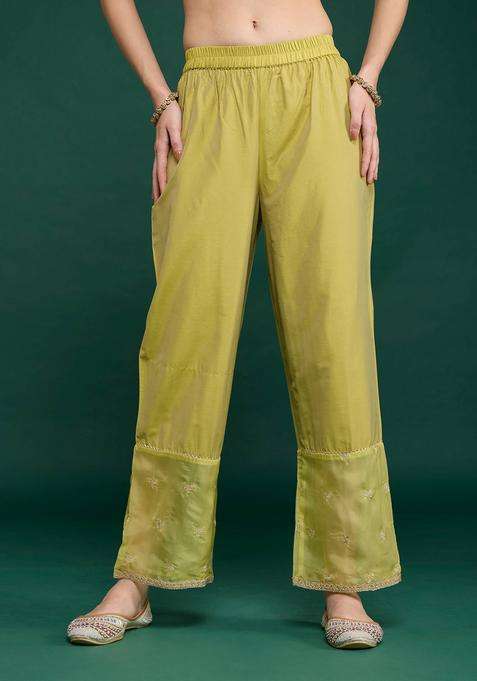 Lime Embroidered Straight Pant for Women Festive Wear