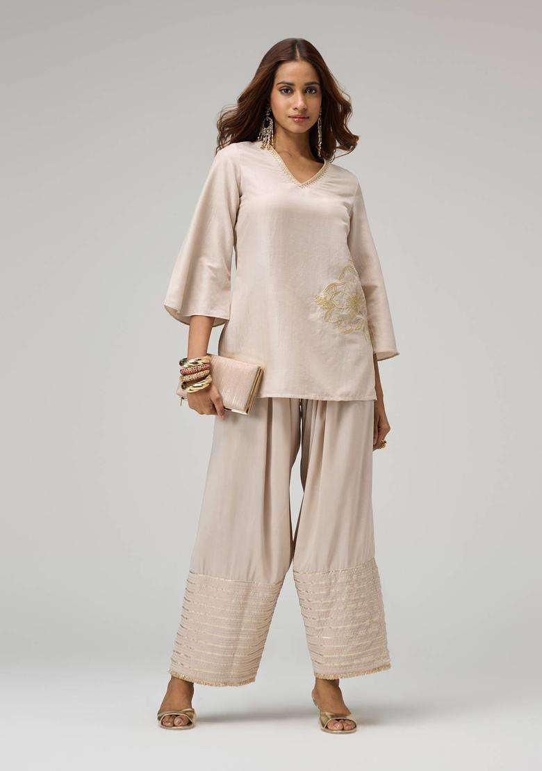 Beige Poly Silk Gota Embellished Farshi Salwar for Women Festive Wear - Indya