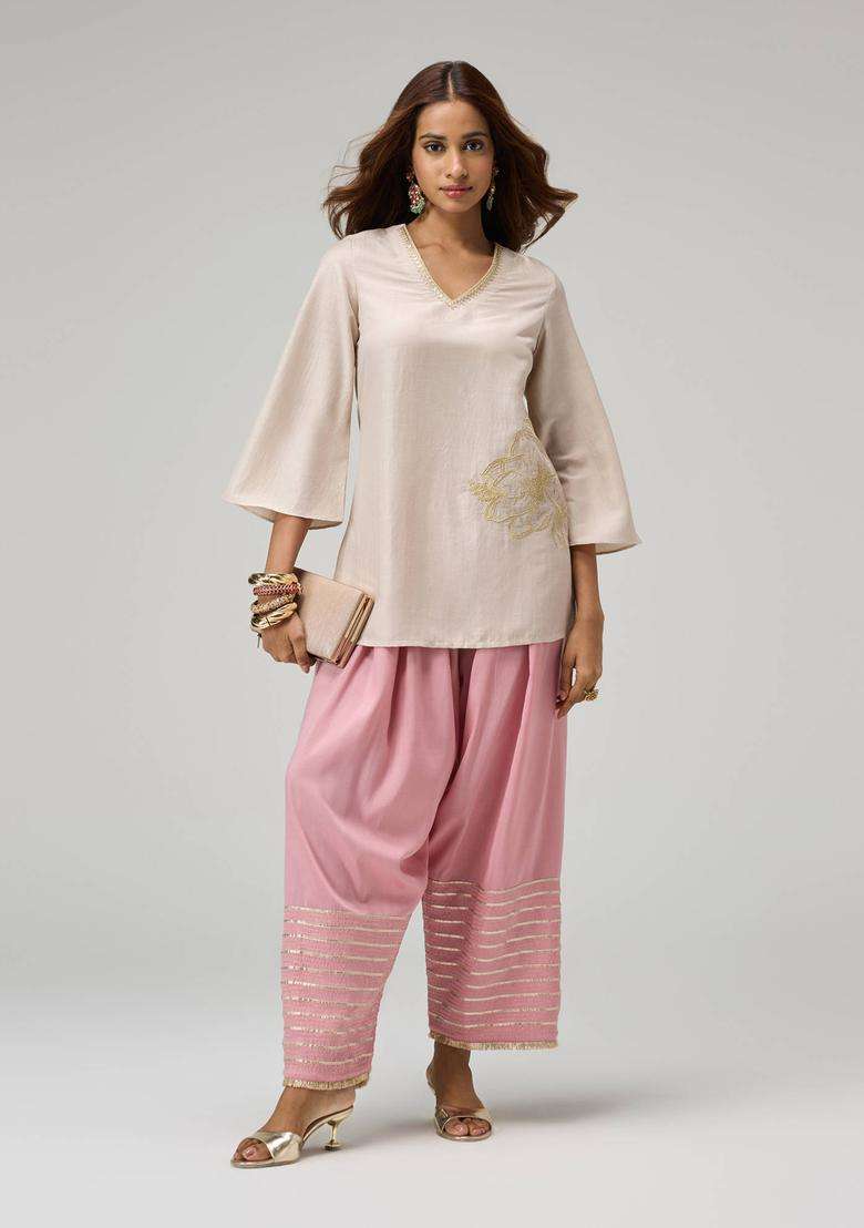 Blush Pink Poly Silk Gota Embellished Farshi Salwar for Women Festive Wear - Indya