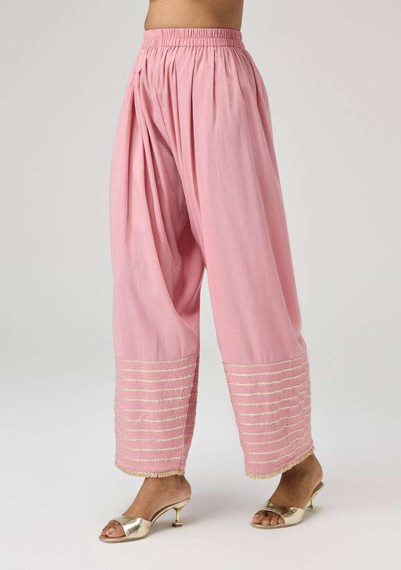 Blush Pink Poly Silk Gota Embellished Farshi Salwar for Women Festive Wear - Indya
