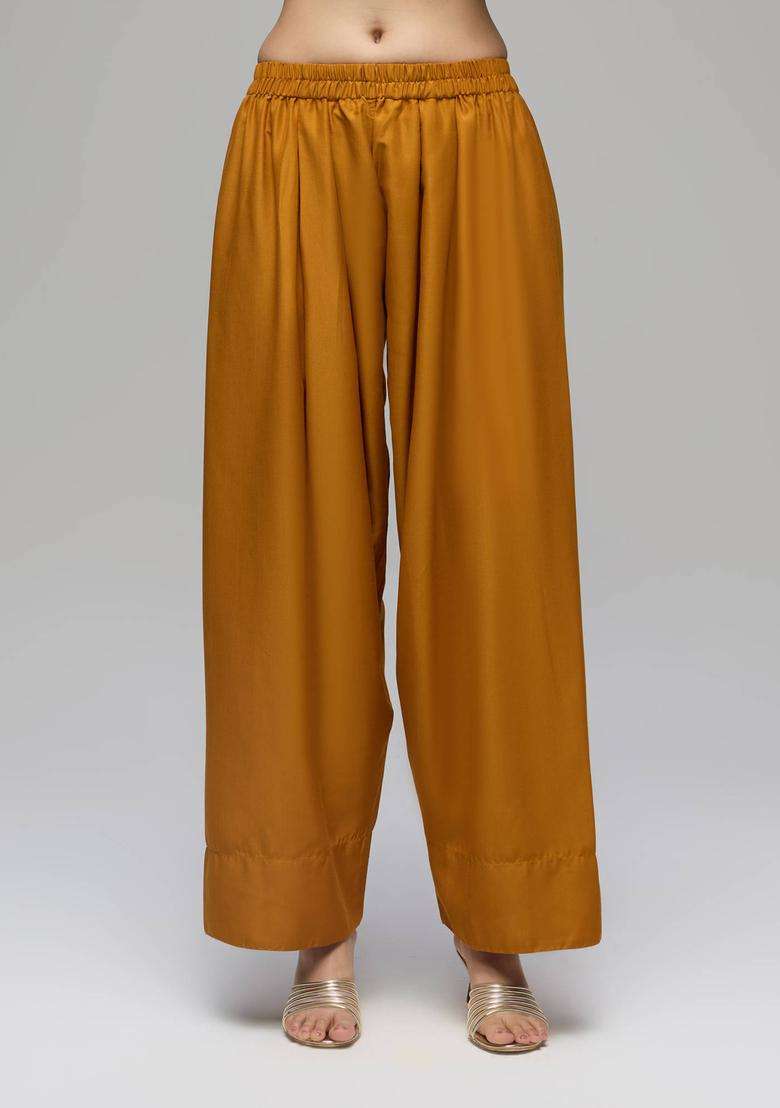 Mustard Poly Silk Solid Mid Waist Farshi Salwar for Women Festive Wear - Indya