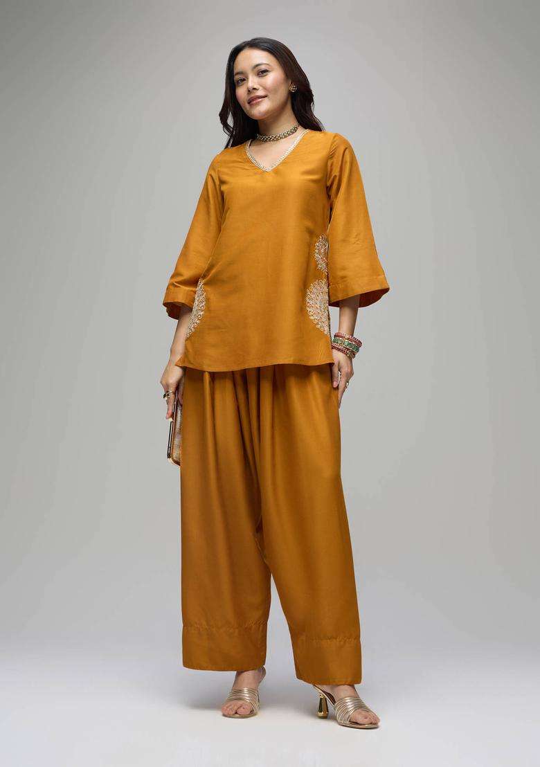 Mustard Poly Silk Solid Mid Waist Farshi Salwar for Women Festive Wear - Indya