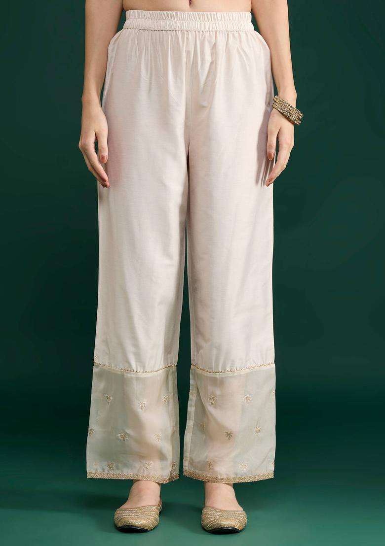 Off White Embroidered Straight Pant for Women Festive Wear - Indya