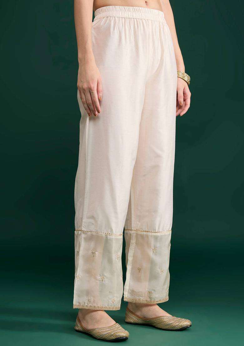 Off White Embroidered Straight Pant for Women Festive Wear - Indya