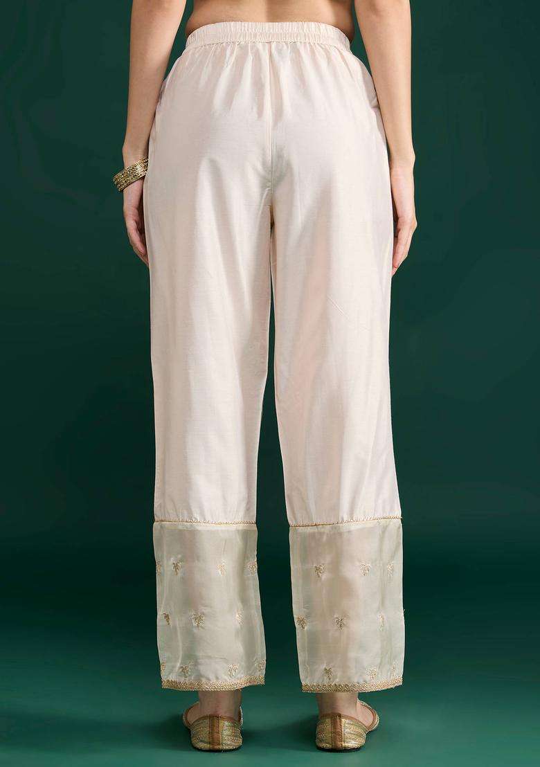 Off White Embroidered Straight Pant for Women Festive Wear - Indya