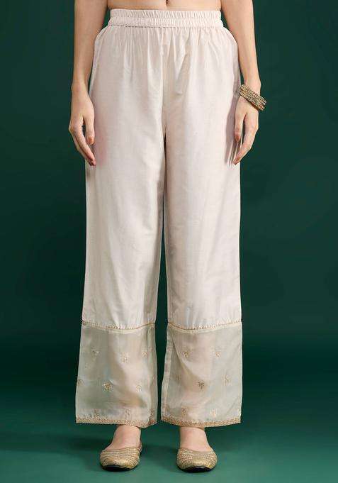 Off White Embroidered Straight Pant for Women Festive Wear