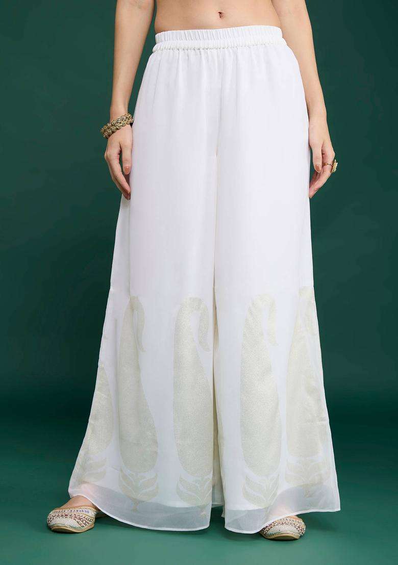 Off White Georgette Printed Sharara for Women Festive Wear - Indya
